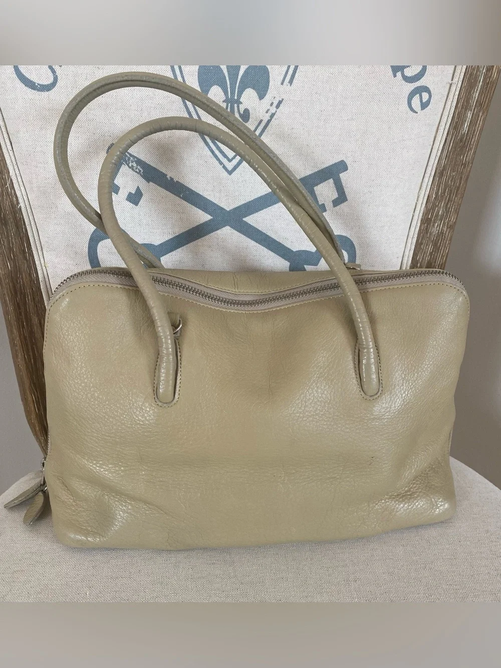 Japanese Vintage Beige Leather Tote Handbag - Neutral Leather Satchel - staple